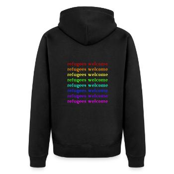 Refugees Welcome Geschenkidee - Unisex Premium Bio Zip Hoodie - Schwarz - Hinten - Nico (187cm)