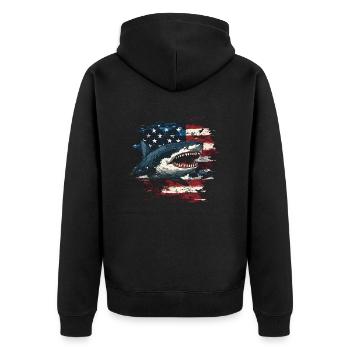 Hai mit Usa Flagge - Unisex Premium Bio Zip Hoodie - Schwarz - Hinten - Nico (187cm)