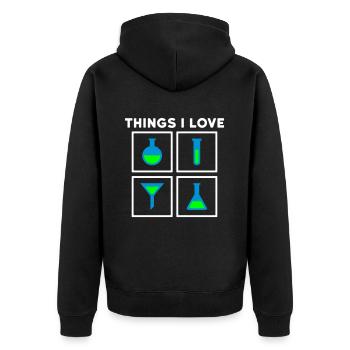 Things I love (flask, test tube, funnel) - Unisex Premium Organic Zip Hoodie - black - Back - Nico (187cm)