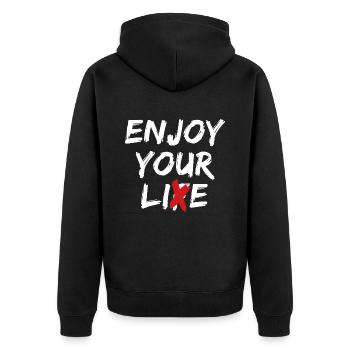 Enjoy Your Lie Street Art Zitat Statement - Unisex Premium Bio Zip Hoodie - Schwarz - Hinten - Nico (187cm)