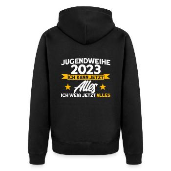Jugendweihe 2023 Ich Kann Jetzt Alles Ich Weiß Jet - Unisex Premium Bio Zip Hoodie - Schwarz - Hinten - Nico (187cm)