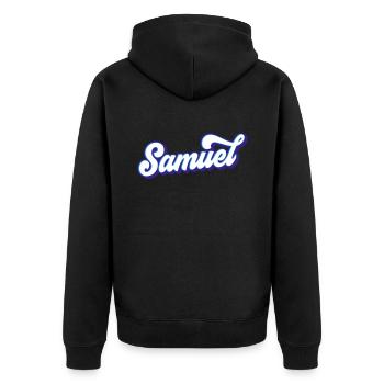 Samuel | Farben änderbar - Unisex Premium Bio Zip Hoodie - Schwarz - Hinten - Nico (187cm)