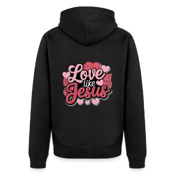 Love like Jesus - christliches Design Glaube Gott - Unisex Premium Bio Zip Hoodie - Schwarz - Hinten - Nico (187cm)