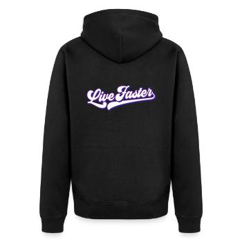 Live Faster | Farben änderbar - Unisex Premium Bio Zip Hoodie - Schwarz - Hinten - Nico (187cm)