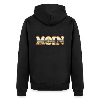 Moin is what they say in northern Germany | Moin in Fire - Unisex Premium Organic Zip Hoodie - black - Back - Nico (187cm)