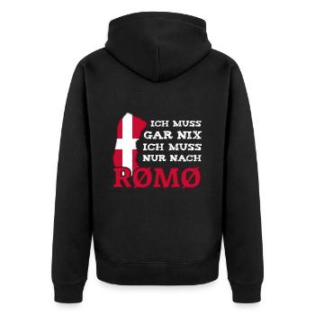 Römö # Rømø # Ich muss gar nix # Dänemark - Unisex Premium Bio Zip Hoodie - Schwarz - Hinten - Nico (187cm)