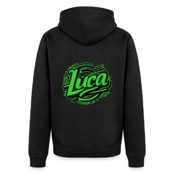 Luca Nom Graffiti vert - Veste à capuche bio Premium Unisexe - noir - Dos - Nico (187cm)