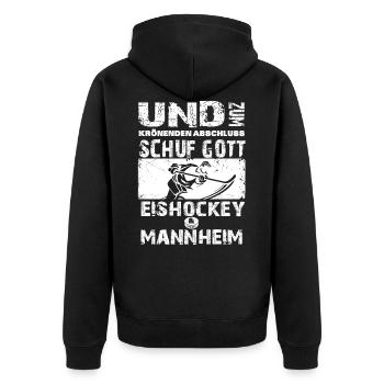 Eishockey & Mannheim limitiert - Unisex Premium Bio Zip Hoodie - Schwarz - Hinten - Nico (187cm)