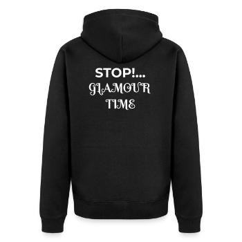 Stop Glamour Time! Hammertime Parodie Funny Lustig - Unisex Premium Bio Zip Hoodie - Schwarz - Hinten - Nico (187cm)