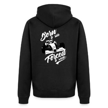 born to ride forced to work - Unisex Premium Bio Zip Hoodie - Schwarz - Hinten - Nico (187cm)
