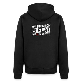 Mein Magen ist flach, das L ist stumm - Unisex Premium Bio Zip Hoodie - Schwarz - Hinten - Nico (187cm)