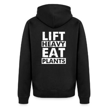 Lift Heavy Veganer Sport Bodybilder vegetarisch - Unisex Premium Bio Zip Hoodie - Schwarz - Hinten - Nico (187cm)
