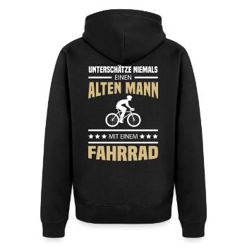 Alter Mann mit einem Fahrrad - Unisex Premium Bio Zip Hoodie - Schwarz - Hinten - Nico (187cm)