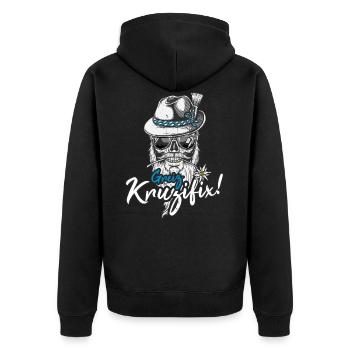 Greiz Kruzifix Totenkopf Bayrischer Dialekt Bayern - Unisex Premium Bio Zip Hoodie - Schwarz - Hinten - Nico (187cm)
