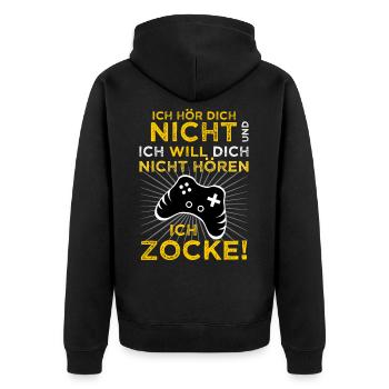 Ich will dich nicht hören. Ich zocke! - Unisex Premium Bio Zip Hoodie - Schwarz - Hinten - Nico (187cm)