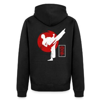 Karate Kämpfer Schwarzgurt Karate Kick - Unisex Premium Bio Zip Hoodie - Schwarz - Hinten - Nico (187cm)
