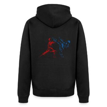 Karate Kämpfer Schwarzgurt Karate Kick - Unisex Premium Bio Zip Hoodie - Schwarz - Hinten - Nico (187cm)