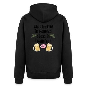 What happens in Mallorca stays in Mallorca - Unisex Premium Bio Zip Hoodie - Schwarz - Hinten - Nico (187cm)
