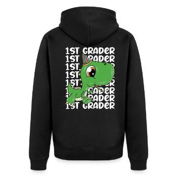Schulkind T-Rex Dino Junge Einschulung - Unisex Premium Bio Zip Hoodie - Schwarz - Hinten - Nico (187cm)