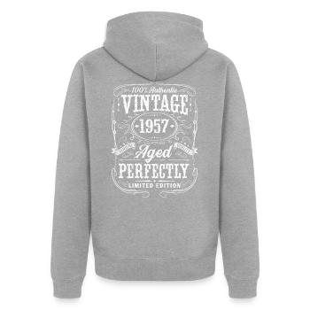 Né 1957 Vintage Rétro Anniversaire - Veste à capuche bio Premium Unisexe - gris chiné - Dos - Nico (187cm)