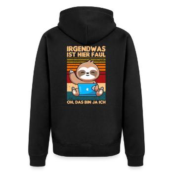 Irgendwas ist hier faul oh das bin ja ich - Unisex Premium Bio Zip Hoodie - Schwarz - Hinten - Nico (187cm)
