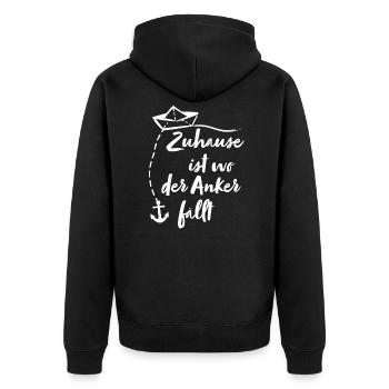 Papierschiff Zuhause ist wo der Anker fällt - Unisex Premium Bio Zip Hoodie - Schwarz - Hinten - Nico (187cm)