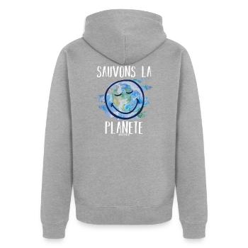 Rette den weißen Smileyworld-Planeten - Unisex Premium Bio Zip Hoodie - Grau meliert - Hinten - Nico (187cm)
