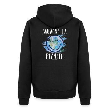 Rette den weißen Smileyworld-Planeten - Unisex Premium Bio Zip Hoodie - Schwarz - Hinten - Nico (187cm)