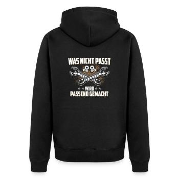 Was nicht passt wird passend gemacht - Unisex Premium Bio Zip Hoodie - Schwarz - Hinten - Nico (187cm)