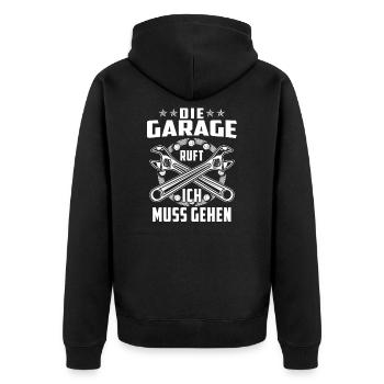 Die Garage ruft ich muss gehen - Unisex Premium Bio Zip Hoodie - Schwarz - Hinten - Nico (187cm)