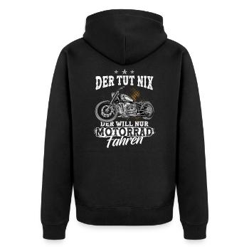 Der tut nix Motorradfahrer - Unisex Premium Bio Zip Hoodie - Schwarz - Hinten - Nico (187cm)