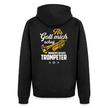 Als Gott mich schuf brauchte er gute Trompeter - Unisex Premium Bio Zip Hoodie - Schwarz - Hinten - Nico (187cm)
