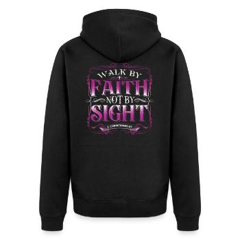 Jesus Christus Shirt Walk By Faith Not By Sight - Unisex Premium Bio Zip Hoodie - Schwarz - Hinten - Nico (187cm)