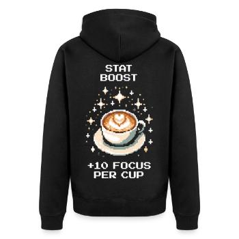 Stat Boost: +10 Focus per Cup | Coffee - Unisex Premium Organic Zip Hoodie - black - Back - Nico (187cm)