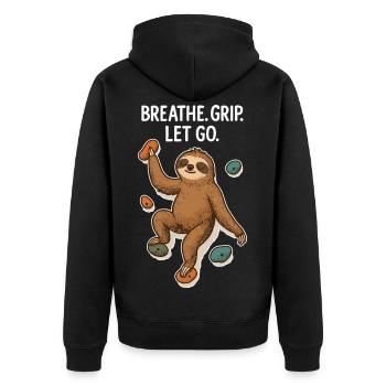 Zen Faultier: Grip Let Go Klettern - Unisex Premium Bio Zip Hoodie - Schwarz - Hinten - Nico (187cm)