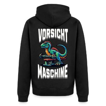 Gym Shirt – Vorsicht Maschine - Unisex Premium Bio Zip Hoodie - Schwarz - Hinten - Nico (187cm)