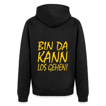 Bin da kann losgehen - Unisex Premium Bio Zip Hoodie - Schwarz - Hinten - Nico (187cm)