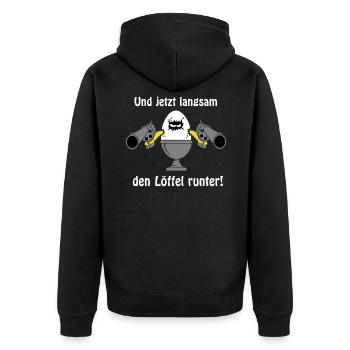Löffel runter - Unisex Premium Bio Zip Hoodie - Schwarz - Hinten - Nico (187cm)