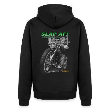 slap af - entspann dich - Unisex Premium Bio Zip Hoodie - Schwarz - Hinten - Nico (187cm)
