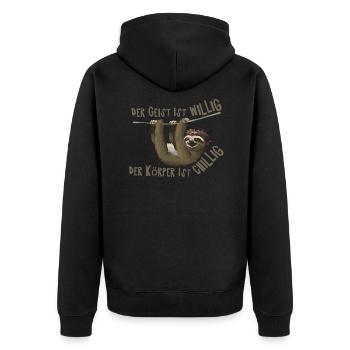 Der Geist Ist willig, der Körper Ist chillig - Unisex Premium Bio Zip Hoodie - Schwarz - Hinten - Nico (187cm)