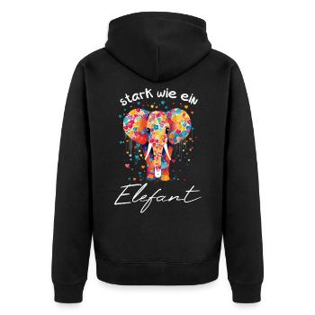 stark wie ein Elefant -Motivation Mut Kraft helfen - Unisex Premium Bio Zip Hoodie - Schwarz - Hinten - Nico (187cm)
