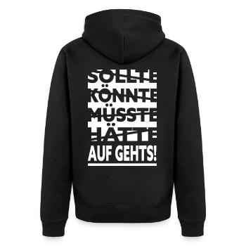 Auf gehts weiss - Unisex Premium Bio Zip Hoodie - Schwarz - Hinten - Nico (187cm)
