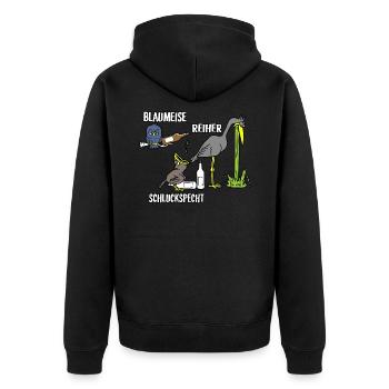 Blaumeise Reiher Schluckspecht - Unisex Premium Bio Zip Hoodie - Schwarz - Hinten - Nico (187cm)