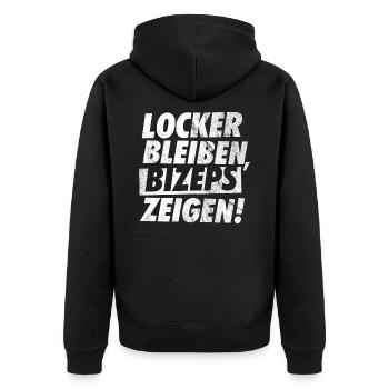 GYM, LOCKER BLEIBEN BIZEPS ZEIGEN - Unisex Premium Bio Zip Hoodie - Schwarz - Hinten - Nico (187cm)
