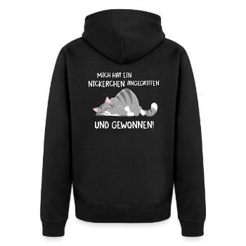 Mich hat ein Nickerchen angegriffen - Unisex Premium Bio Zip Hoodie - Schwarz - Hinten - Nico (187cm)