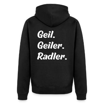 Geil. Geiler. Radler - Unisex Premium Bio Zip Hoodie - Schwarz - Hinten - Nico (187cm)