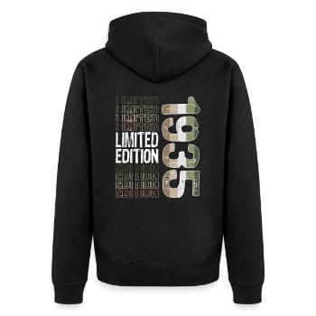 Edition limitée depuis 1935 Anniversaire Millésime 1935 - Veste à capuche bio Premium Unisexe - noir - Dos - Nico (187cm)