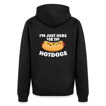 Ich bin nur wegen den Hotdogs hier Lustiges - Unisex Premium Bio Zip Hoodie - Schwarz - Hinten - Nico (187cm)
