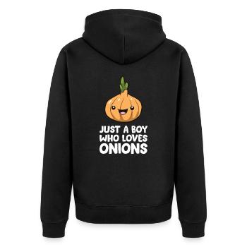 Nur ein Junge, der Zwiebeln liebt - Unisex Premium Bio Zip Hoodie - Schwarz - Hinten - Nico (187cm)
