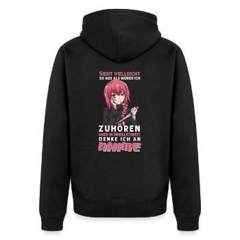 In Wirklichkeit denke ich an Anime - Unisex Premium Bio Zip Hoodie - Schwarz - Hinten - Nico (187cm)